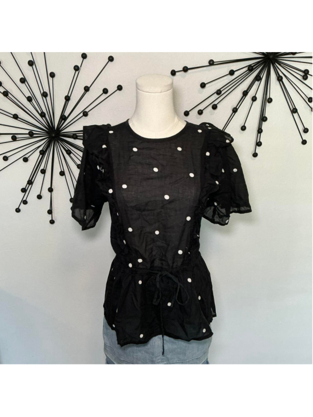 Banjanan Black Polka Dot Sheer Ruffle Blouse Size XS